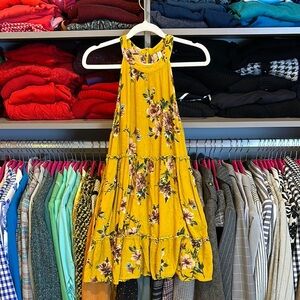Xhilaration yellow/brown floral halter neck tiered mini swing dress size XS